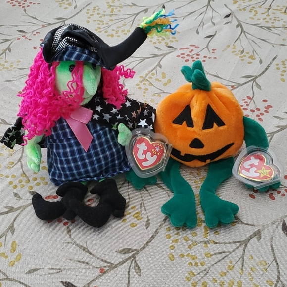 Ty Other - Pair of Halloween Ty Beanie Babies Witch + Pumpkin
